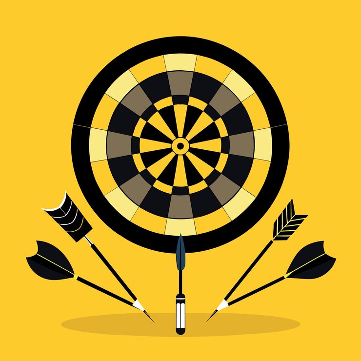 Vector colocación plana de dardos negros perfectos con dartboard en fondo amarillo sólido con espacio de copia usando como