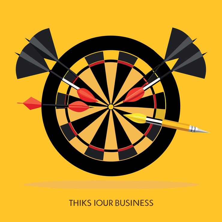 Vector colocación plana de dardos negros perfectos con dartboard en fondo amarillo sólido con espacio de copia usando como