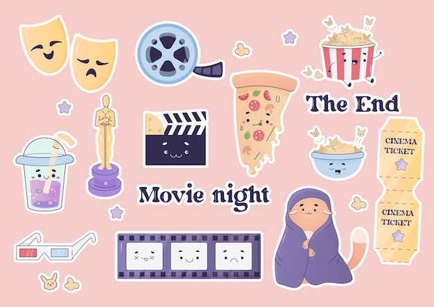 Colocar pegatinas noche de cine película acogedora ver en casa ilustración vectorial