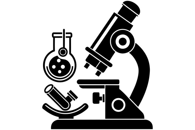 Colofón de laboratorio o tubo de ensayo con ilustración vectorial del recorte de la silueta del microscopio