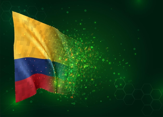 Colombia, bandera 3d sobre fondo verde con polígonos