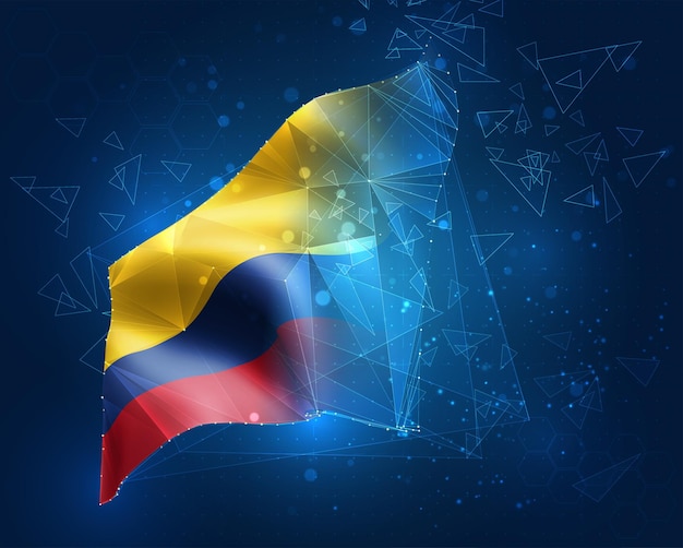 Colombia, bandera, objeto virtual abstracto 3D de polígonos triangulares sobre un fondo azul.