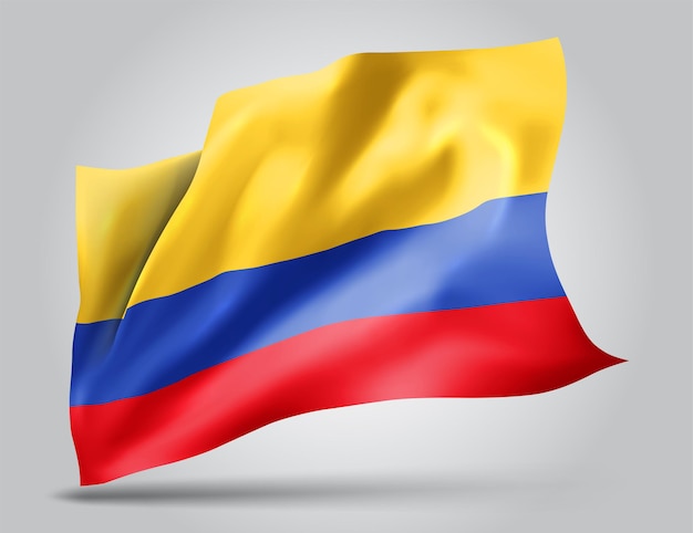 Colombia, bandera vectorial con olas y curvas ondeando en el viento sobre un fondo blanco.