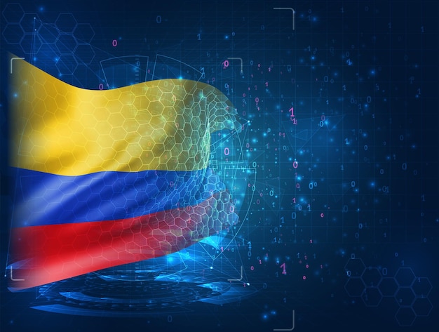 Colombia, vector bandera 3d sobre fondo azul con interfaces hud