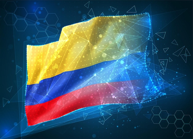 Colombia, vector bandera, objeto virtual abstracto 3D de polígonos triangulares sobre un fondo azul.