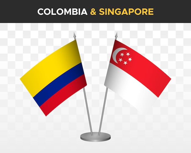 Colombia vs singapur banderas de escritorio maqueta aislado 3d vector ilustración banderas de mesa
