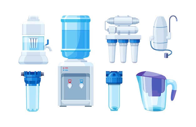 Vector coloque filtros de agua para la purificación. sistema de tratamiento de filtración para beber dispensador de limpieza pura