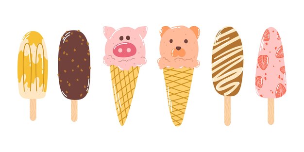 Coloque helados de diferentes colores en palos y conos de gofres en estilo plano aislados en blanco