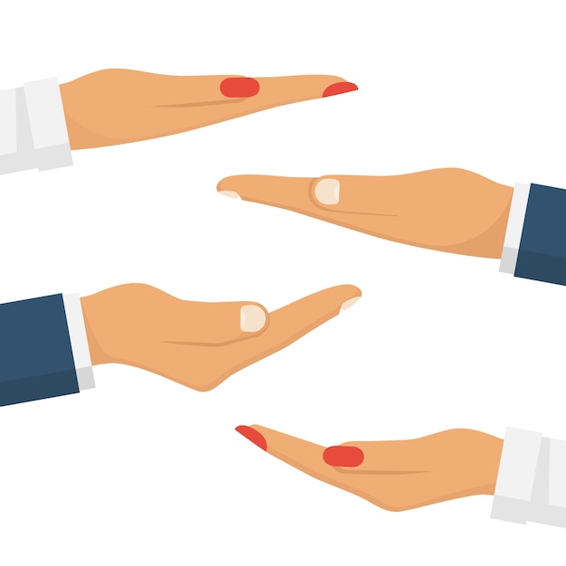Coloque las manos de hombres y mujeres con las palmas hacia arriba para exhibir objetos La gente hace un gesto con las manos Diseño plano de ilustración vectorial Aislado en fondo blanco Plantilla de espacio vacío para demostraciones