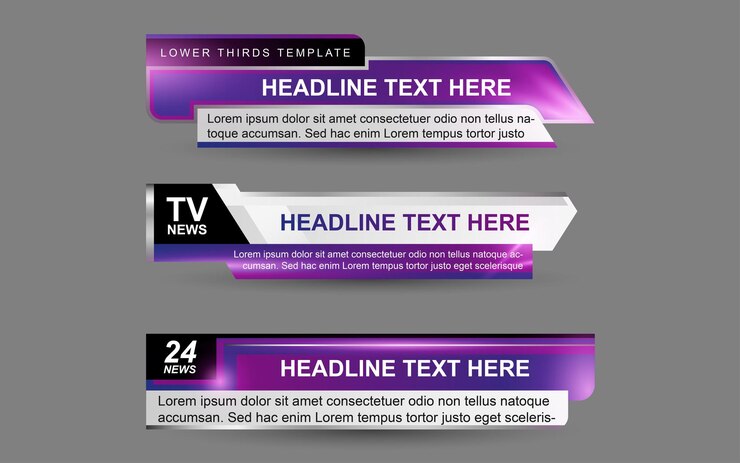 Vector coloque pancartas y tercios inferiores para el canal de noticias con color morado y blanco