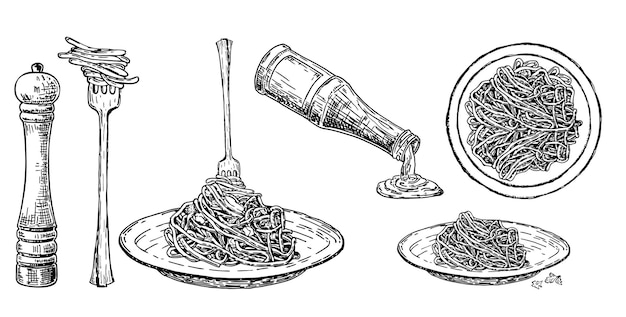 Vector coloque la pasta italiana en el tenedor y el plato pasta italiana tradicional salsa de espagueti especias y condimentos