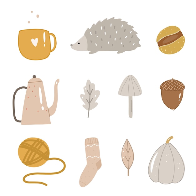 Vector coloque pegatinas de taza, erizo, castaña, bellota, champiñón, cafetera, hoja, calabaza, calcetín de punto