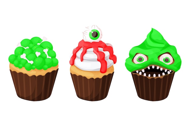 Coloque el postre del monstruo cupcake halloween con cara aterradora, dientes, ojos en estilo de dibujos animados