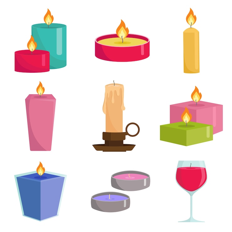 Vector coloque velas de colores. velas encendidas de aromaterapia con plantas aromáticas y aceites esenciales para spa.