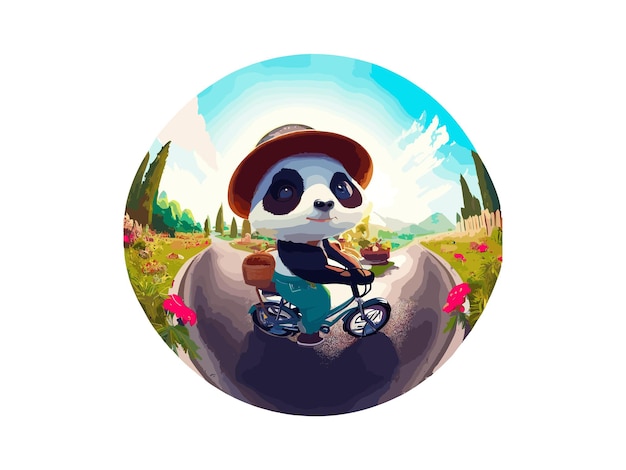 Color de agua Oso Panda montando en bicicleta en una carretera de campo