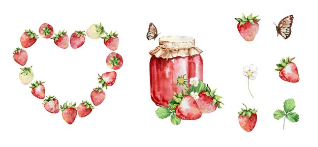 Color de agua straberry conjunto con corona de bayas y flores