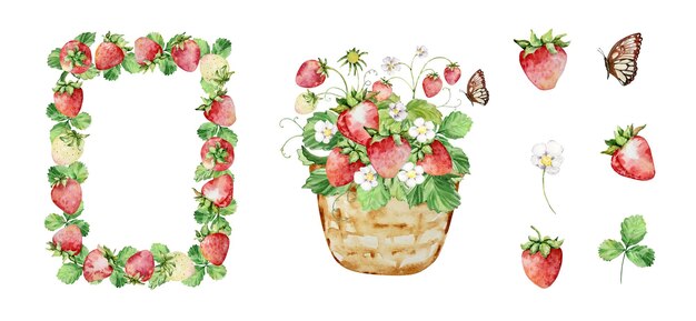Color de agua straberry conjunto con corona de bayas y flores