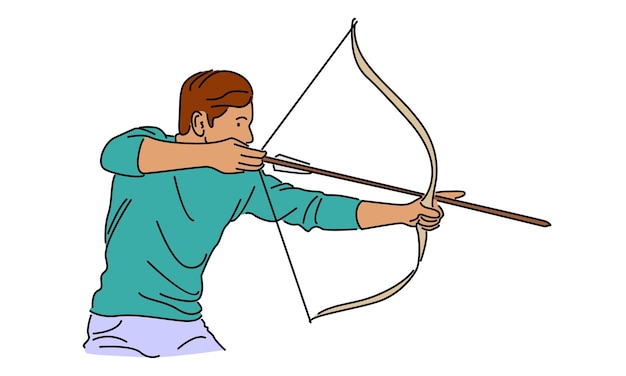 Color del arte lineal del hombre arquero que se centra en el ejercicio de tiro con arco para alcanzar la ilustración del vector objetivo.