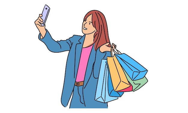 Color de arte lineal de mujer joven sosteniendo bolsas de papel ilustración vectorial