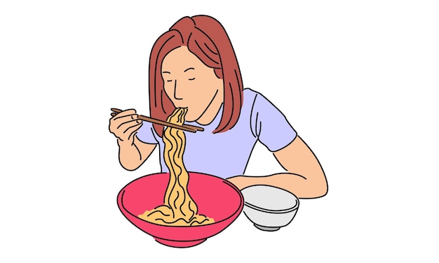 Vector color del arte lineal de una niña comiendo fideos asiáticos de comida rápida.