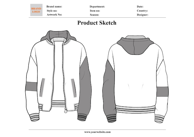 Color Block Bomber Jacket Sketch plantilla de ilustración vectorial de dibujo técnico delantero y trasero