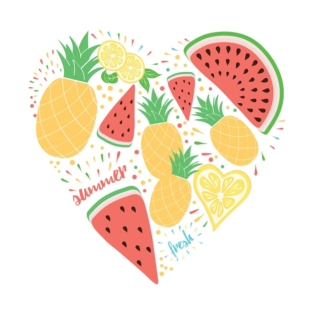 Vector color brillante frutas frescas emblema sandía limón piña en forma de corazón