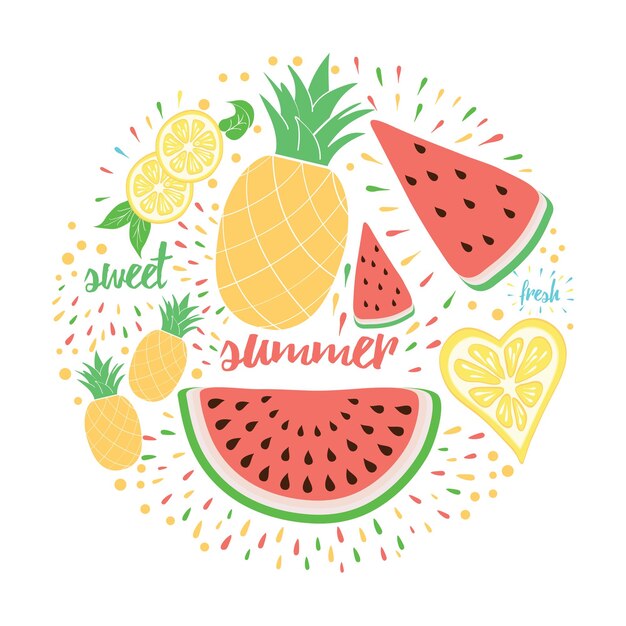 Color brillante frutas frescas emblema sandía limón piña