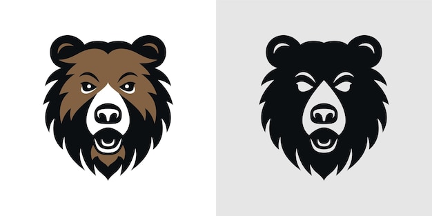 Color de cabeza de oso enojado y logotipo de conjunto monocromo negro para ilustración de vector de impresión de camiseta Retrato de bozal de animal carnívoro salvaje mamífero bestia fuerte depredador grizzly emblema para cazar icono mínimo