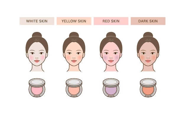 Color de colorete para diferentes tonos de piel tipos de colores_blanco amarillo rojo oscuro