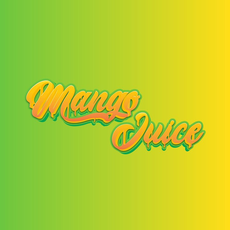 Color de degradado de palabra de jugo de mango de naranja a amarillo, tipografía de colores rojo, verde y blanco