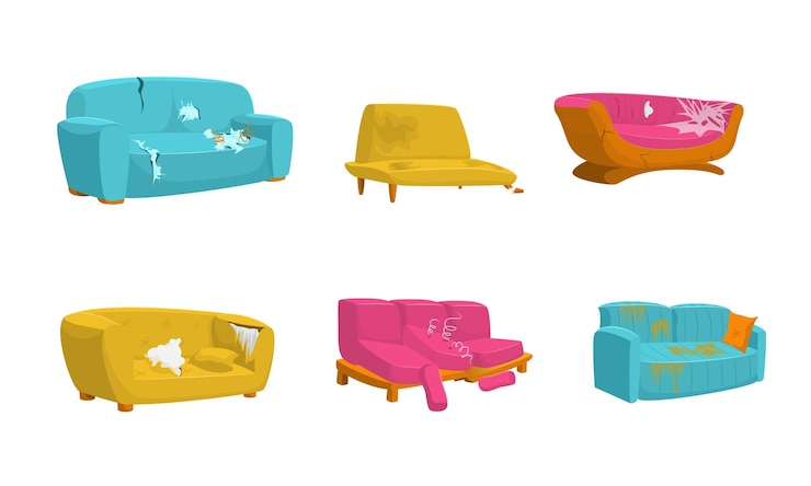 Vector color de dibujos animados diferente vector de conjunto de sofá sucio y roto