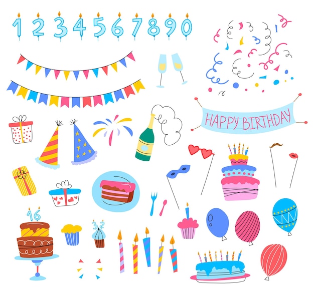 Color de dibujos animados Diseño de cumpleaños Conjunto Vector