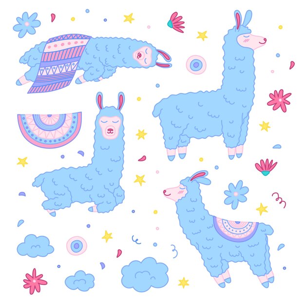 Color de dibujos animados Doodle Llamas Fun Set Vector