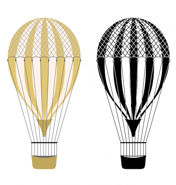 Color de dibujos animados y globos de aire blanco y negro. globos aerostáticos. aerostato aislado. transporte de vuelo de aerostato, globo aerostático, ilustración de viaje en globo