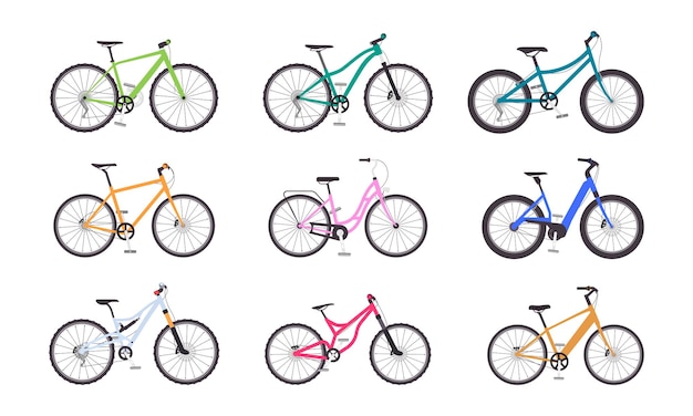 Vector color de dibujos animados icon set de bicicletas diferentes para deportes urbanos y diseño plano de montaña ilustración vectorial de iconos