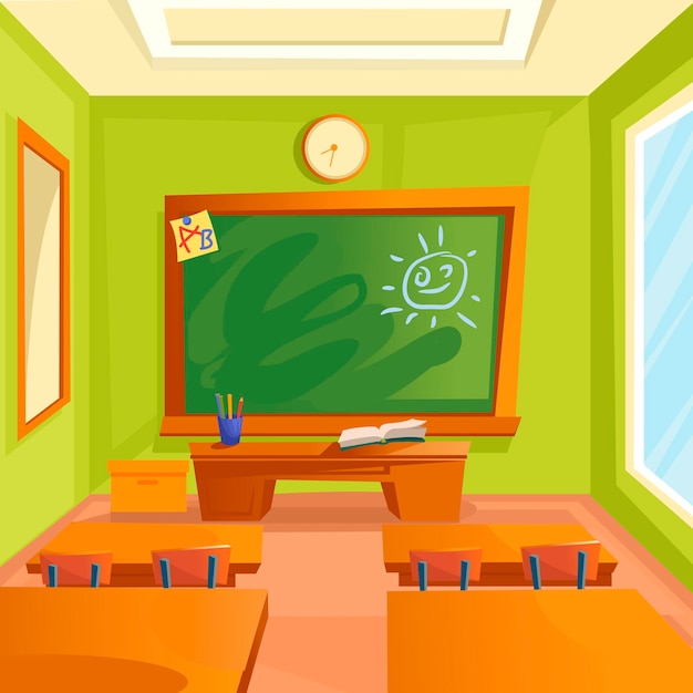 Color de dibujos animados Interior del aula de la escuela Dentro del concepto Vector