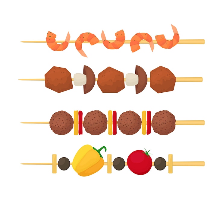 Vector color de dibujos animados kebab en pinchos de madera set vector