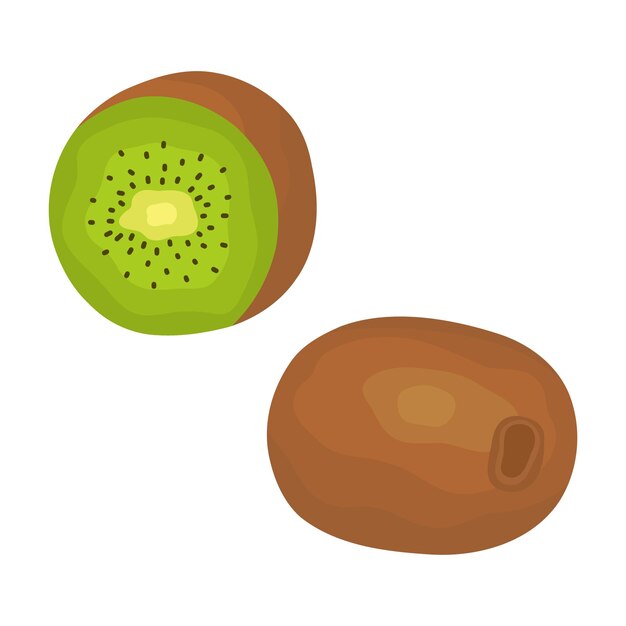 Color de dibujos animados kiwi entero maduro y medio con sombra Comida exótica dulce en un corte para comida saludable en un fondo aislado