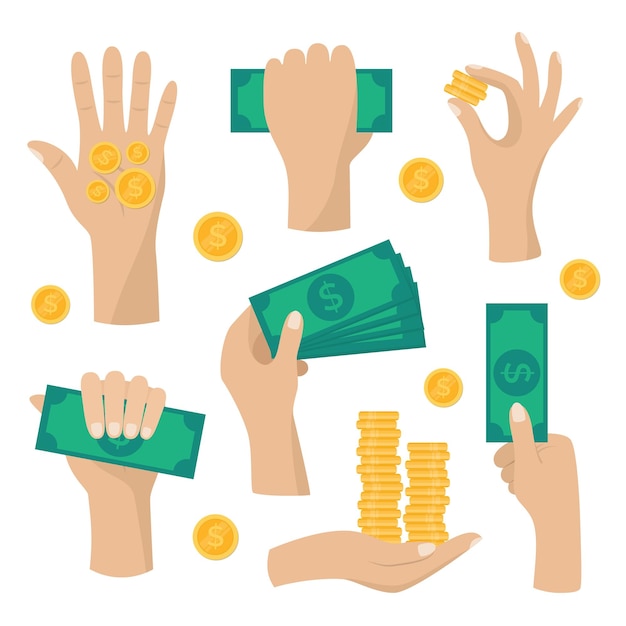 Color de dibujos animados Manos Icon Set de dinero Vector