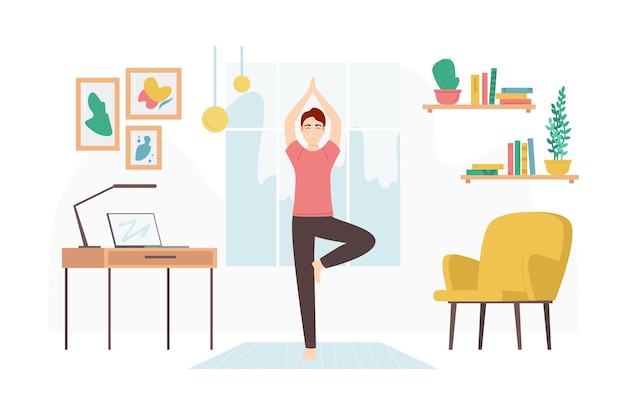 Color de dibujos animados Personaje Hombre y Concept Vector de Yoga en el hogar