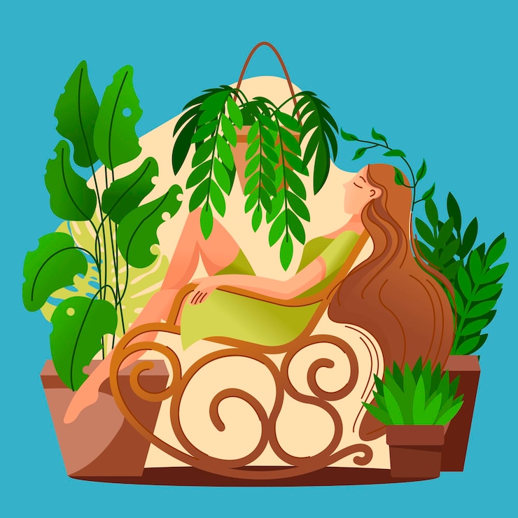 Vector color de dibujos animados personaje mujer y plantas en crecimiento concepto vector