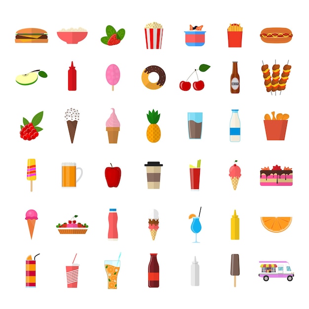 Color de dibujos animados Vagón Pista de verano Comida Conjunto de iconos Vector
