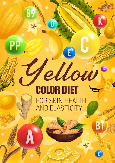 Vector color dieta amarillo frutas verduras y cereales