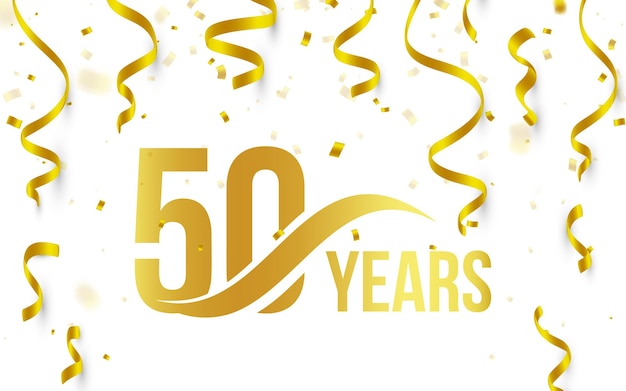 Color dorado aislado número 50 con icono de años de palabra sobre fondo blanco con confeti de oro cayendo y cintas 50 cumpleaños aniversario saludo logo tarjeta elemento vector ilustración