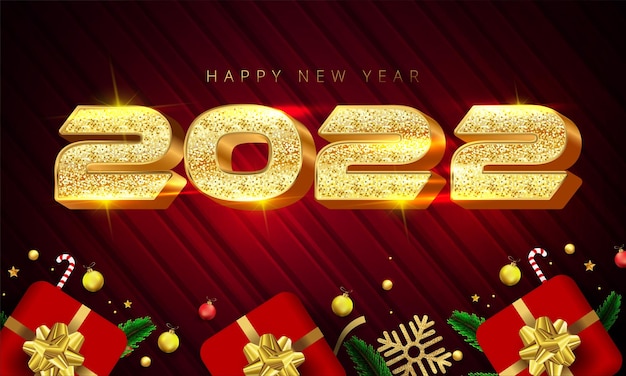 Color dorado brillante estilo 2022 feliz año nuevo letras cajas de regalo copos de nieve dorados adornos estrellas