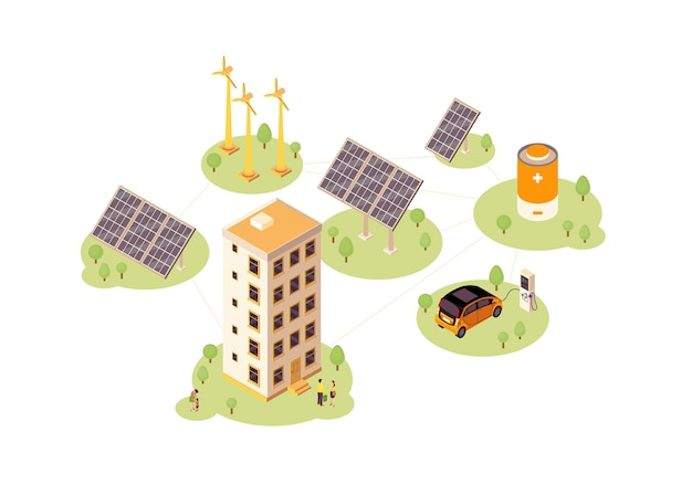 Color de energías renovables. Infografía de producción de energía solar y eólica. Estación de carga de coches eléctricos. Concepto 3d de energía ecológica. Molino de viento, rejilla solar, batería. Página web, diseño de aplicaciones móviles