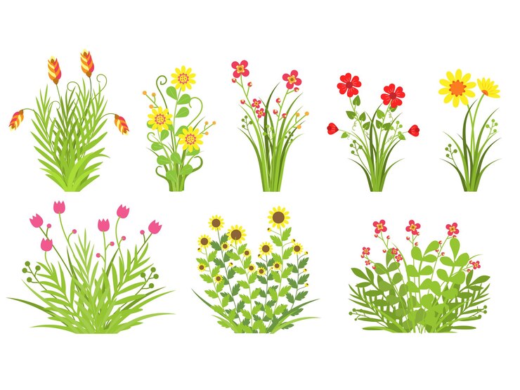 Vector color flores florales y hojas de hierba concepto de primavera estilo de diseño plano ilustración vectorial