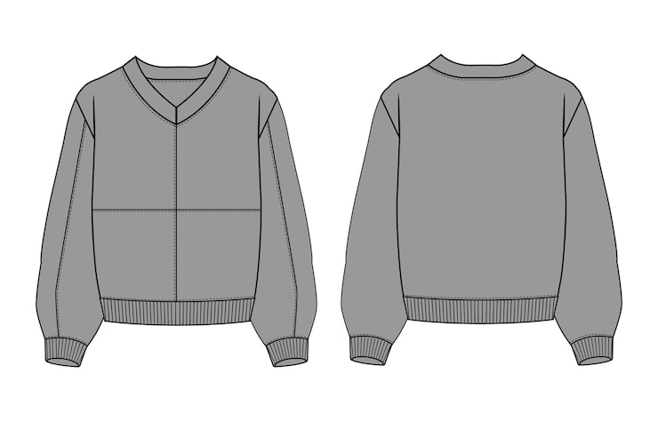 Vector color gris plantilla de suéter vneck delantero y trasero