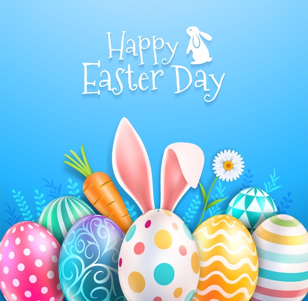 El color de los huevos de Pascua y las orejas de conejo con flores de margarita