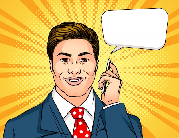 Color ilustración de estilo cómic pop art de un hombre hablando por un teléfono móvil. Exitoso hombre de negocios con un teléfono en la mano.